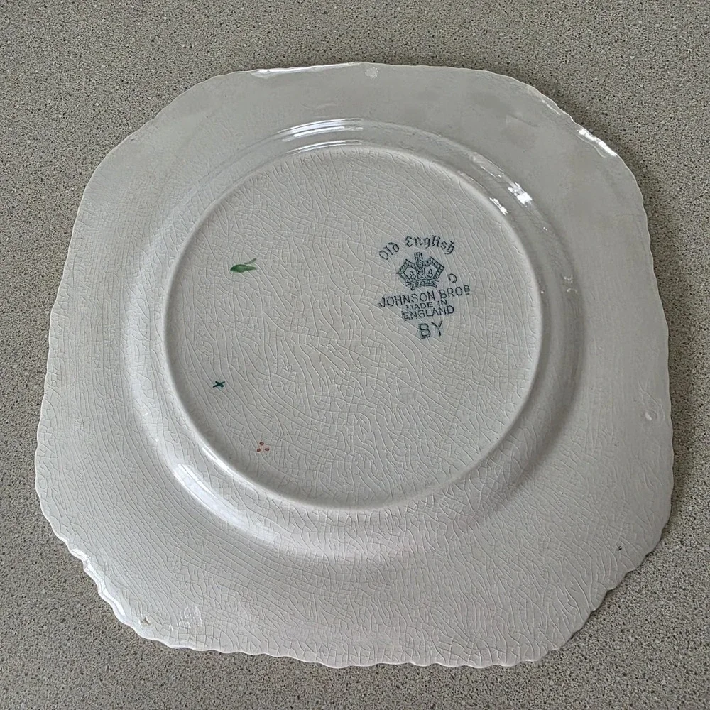 Johnson Bro Square Plate Fruit Pattern California Green White Braid England 7.5